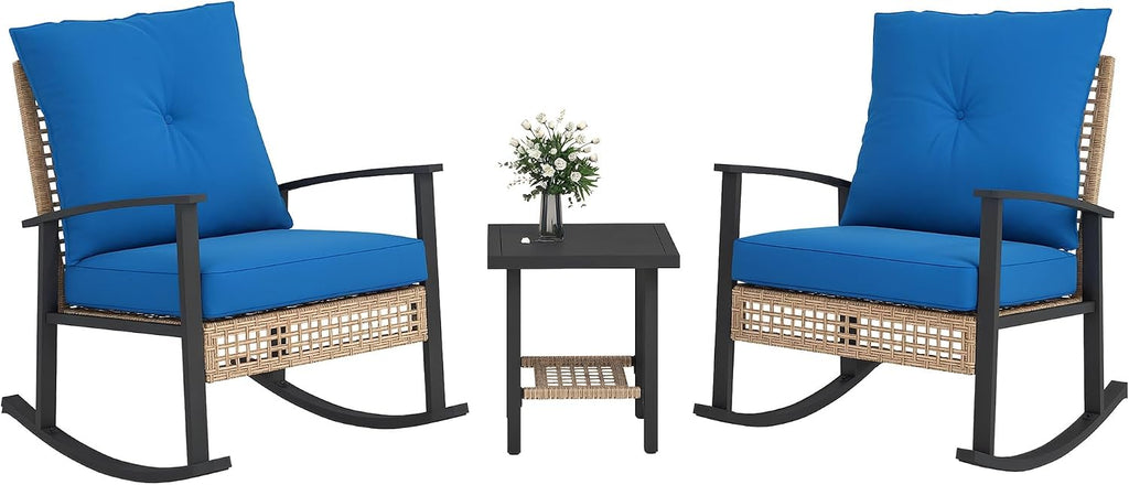 Outsunny 3 Pieces Rocking Wicker Outdoor Bistro Set, Rattan Patio Furniture Set with Coffee Table and Porch Chairs, Button Tufted Cushions for Backyard, Balcony, Garden, Dark Blue