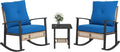Outsunny 3 Pieces Rocking Wicker Outdoor Bistro Set, Rattan Patio Furniture Set with Coffee Table and Porch Chairs, Button Tufted Cushions for Backyard, Balcony, Garden, Dark Blue