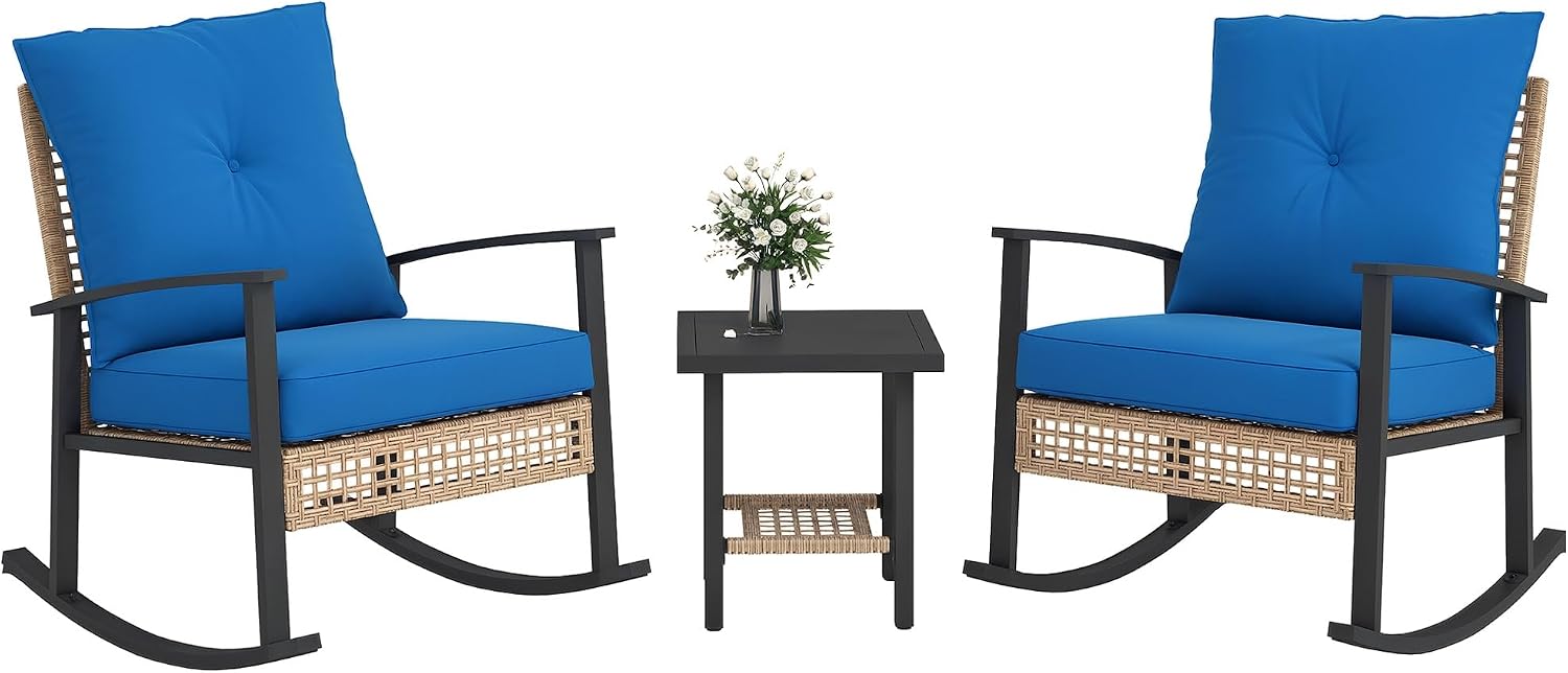 Outsunny 3 Pieces Rocking Wicker Outdoor Bistro Set, Rattan Patio Furniture Set with Coffee Table and Porch Chairs, Button Tufted Cushions for Backyard, Balcony, Garden, Dark Blue