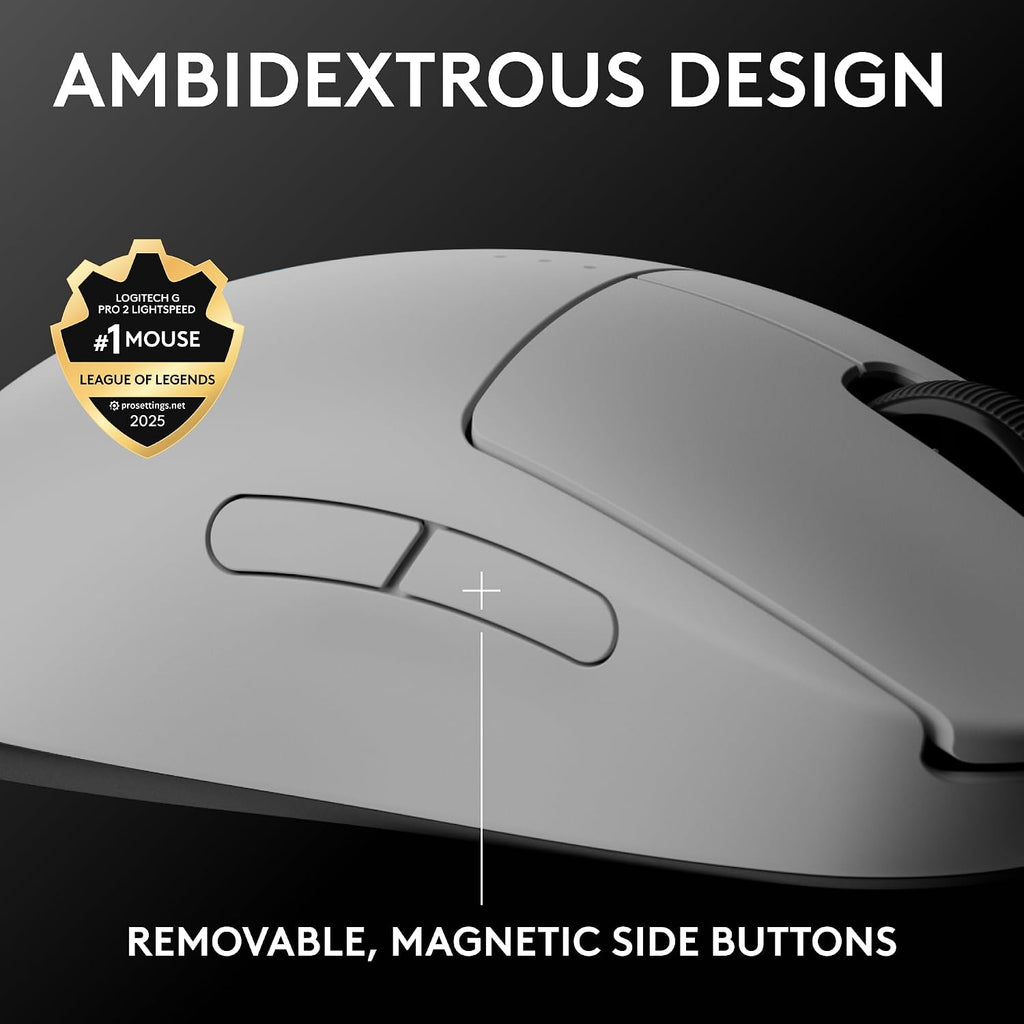 Logitech G PRO 2 Lightspeed Wireless Gaming Mouse, Right- or Left-Handed Mouse with up to 4 Customizable and Switchable Magnetic Side Buttons, 44K DPI Sensor, USB-C Charging, for PC/Mac - White