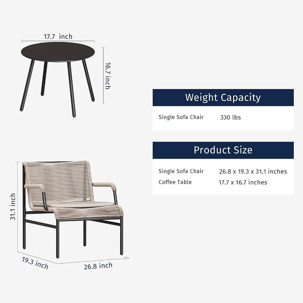 East Oak 3-Piece Patio Furniture Set, Outdoor Bistro Set with PE Rattan Wicker Wide Chairs, Soft Cushions & Coffee Table, Modern All-Weather Wicker Patio Set for Garden and Porch, Creamy Apricot