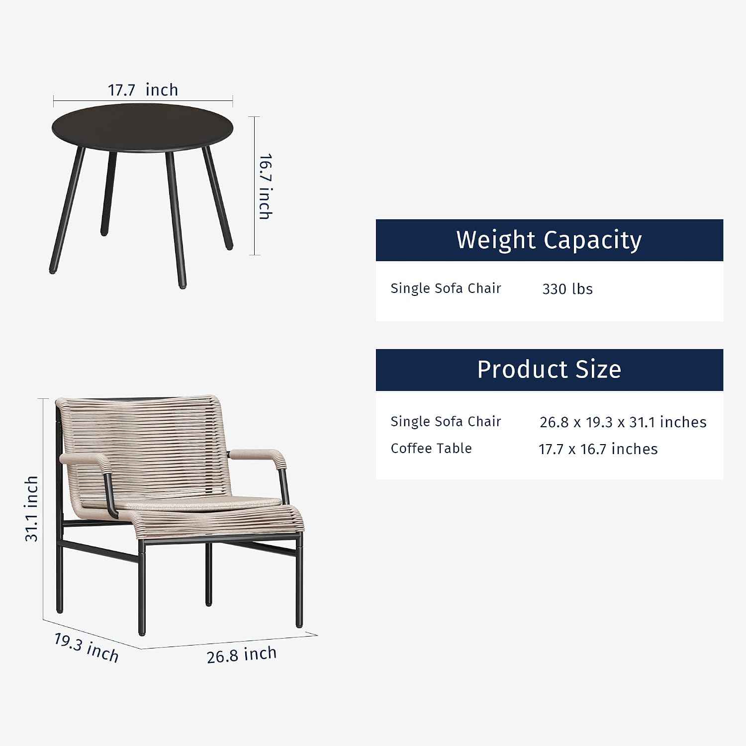 East Oak 3-Piece Patio Furniture Set, Outdoor Bistro Set with PE Rattan Wicker Wide Chairs, Soft Cushions & Coffee Table, Modern All-Weather Wicker Patio Set for Garden and Porch, Creamy Apricot