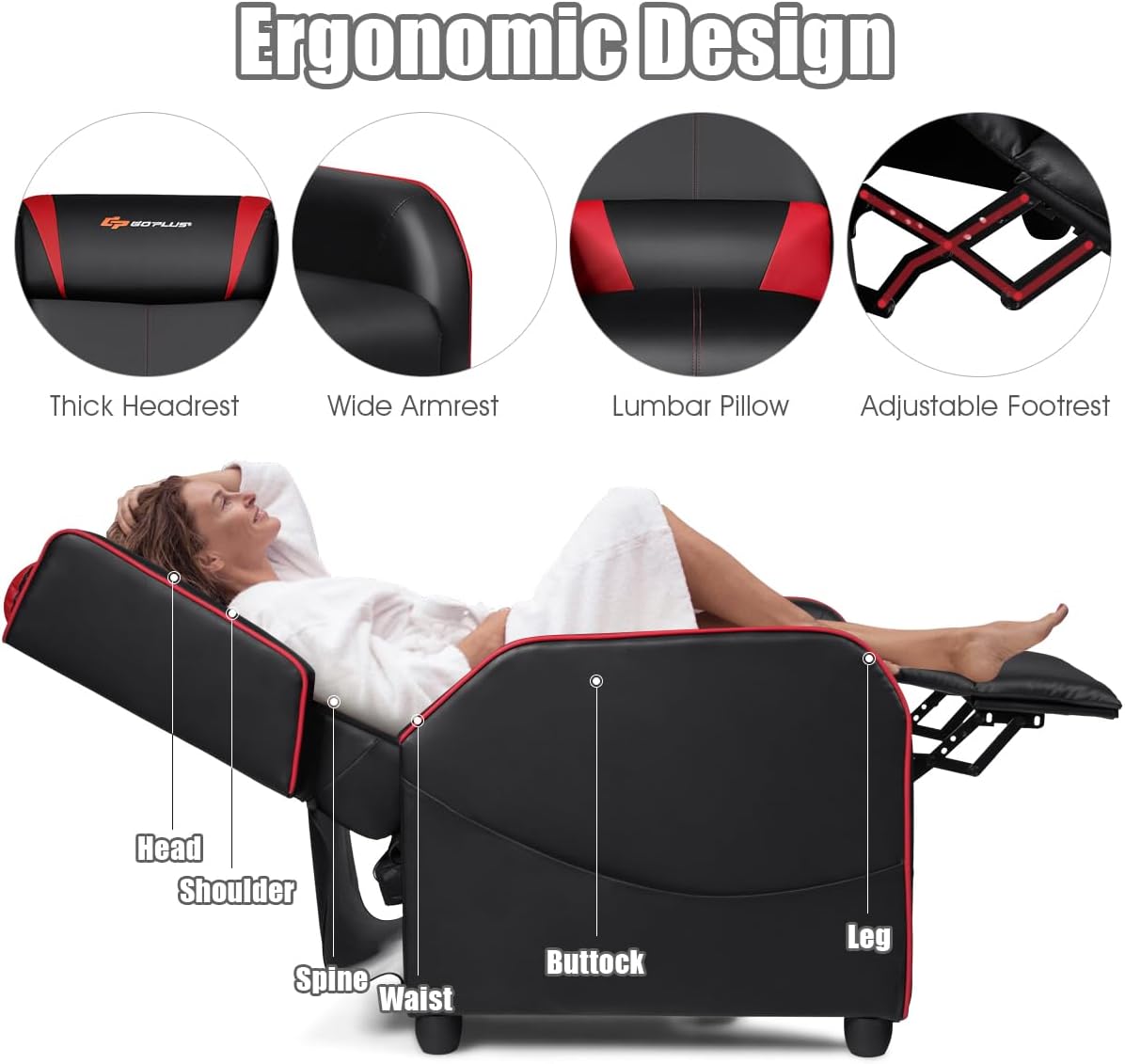 Goplus Massage Gaming Recliner Chair, Racing Style PU Leather Single Recliner Sofa with Footrest, Adjustable Modern Living Room Recliners, Ergonomic Home Theater Recliner Seat (Red)