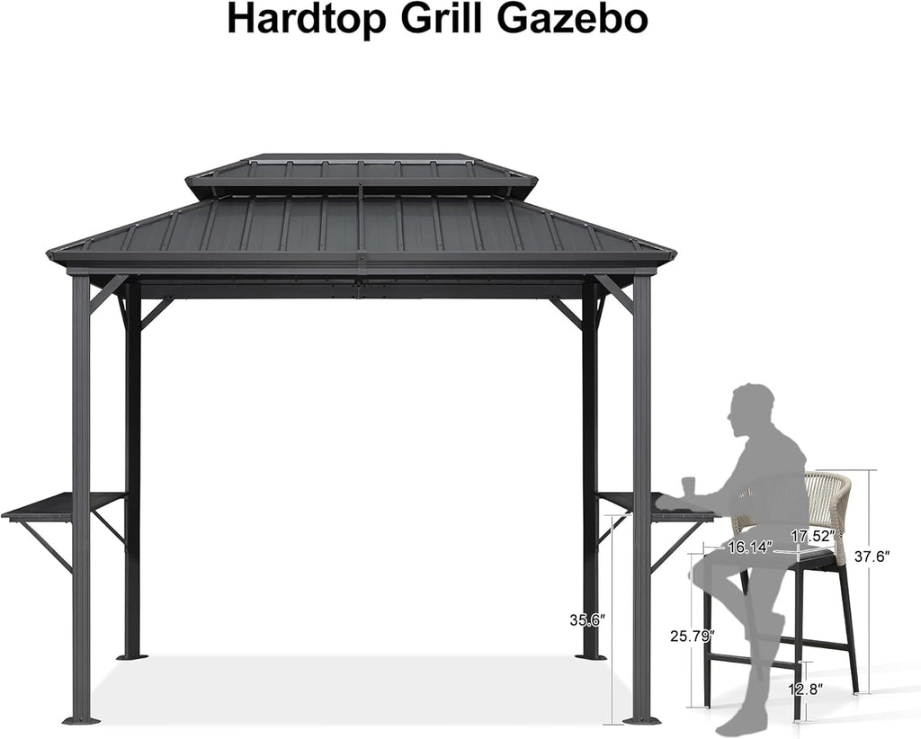 PURPLE LEAF 6' X 9' Hardtop Grill Gazebo Permanent Aluminum Frame Double Metal Roof with Ceiling Hook and Shelves Sun Shade BBQ Canopy for Patio Barbecue Outdoor Kitchen Grey