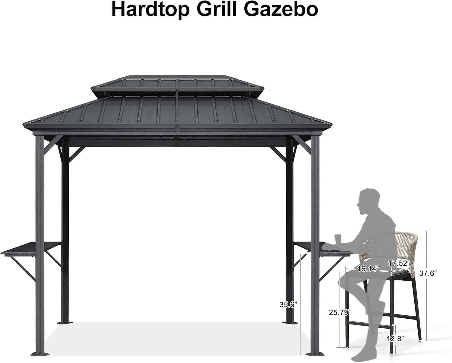 PURPLE LEAF 6' X 9' Hardtop Grill Gazebo Permanent Aluminum Frame Double Metal Roof with Ceiling Hook and Shelves Sun Shade BBQ Canopy for Patio Barbecue Outdoor Kitchen Grey