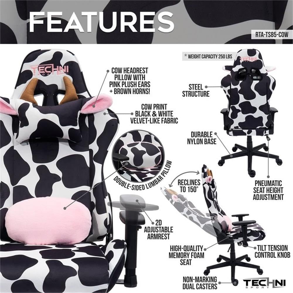 Pemberly Row Modern Gaming Chair, Cow Print Velvet-Like Fabric, Black/White, Adjustable Arms, 150° Recline, Memory Foam Seat, Lumbar Pillow, Durable Nylon Base, 250 lb Capacity, Home or Office Use
