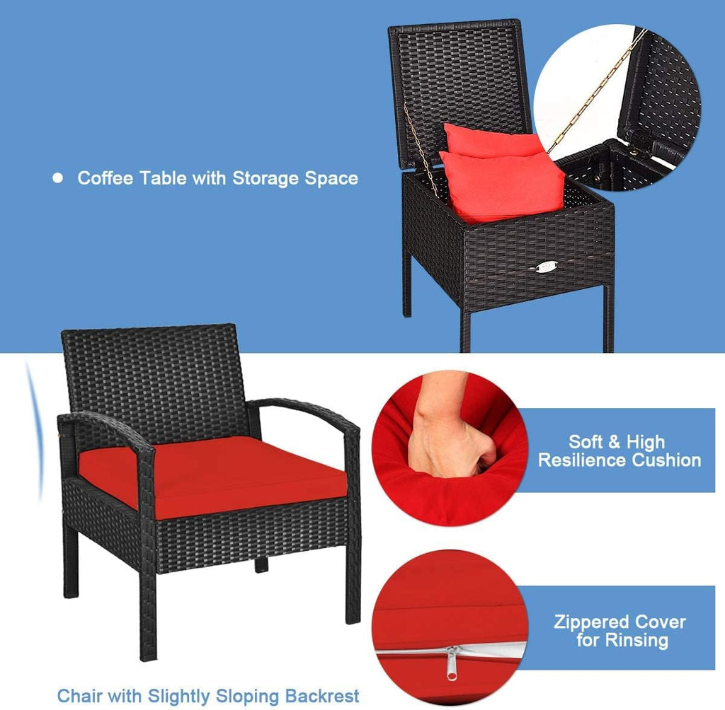 HAPPYGRILL 3 Piece Patio Conversation Set Rattan Wicker Sofa Set with Removable Cushions and Coffee Table, Outdoor Furniture Bistro Chairs Set with Storage Table for Garden Poolside Balcony