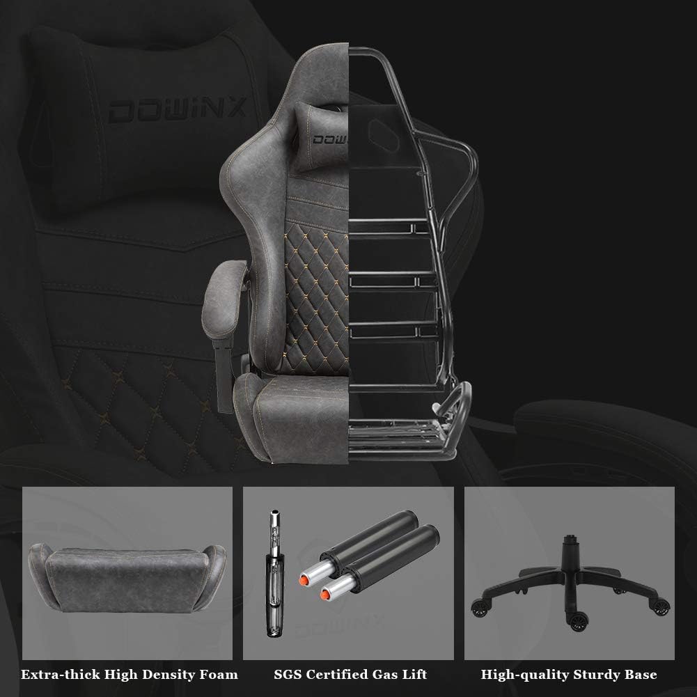 Dowinx Gaming Chair Big and Tall, Ergonomic Game Chair for Adults with Footrest and Massage Lumbar Support, High Back Computer Gamer Chair PU Leather, 350Lbs, for Office, Home, Grey