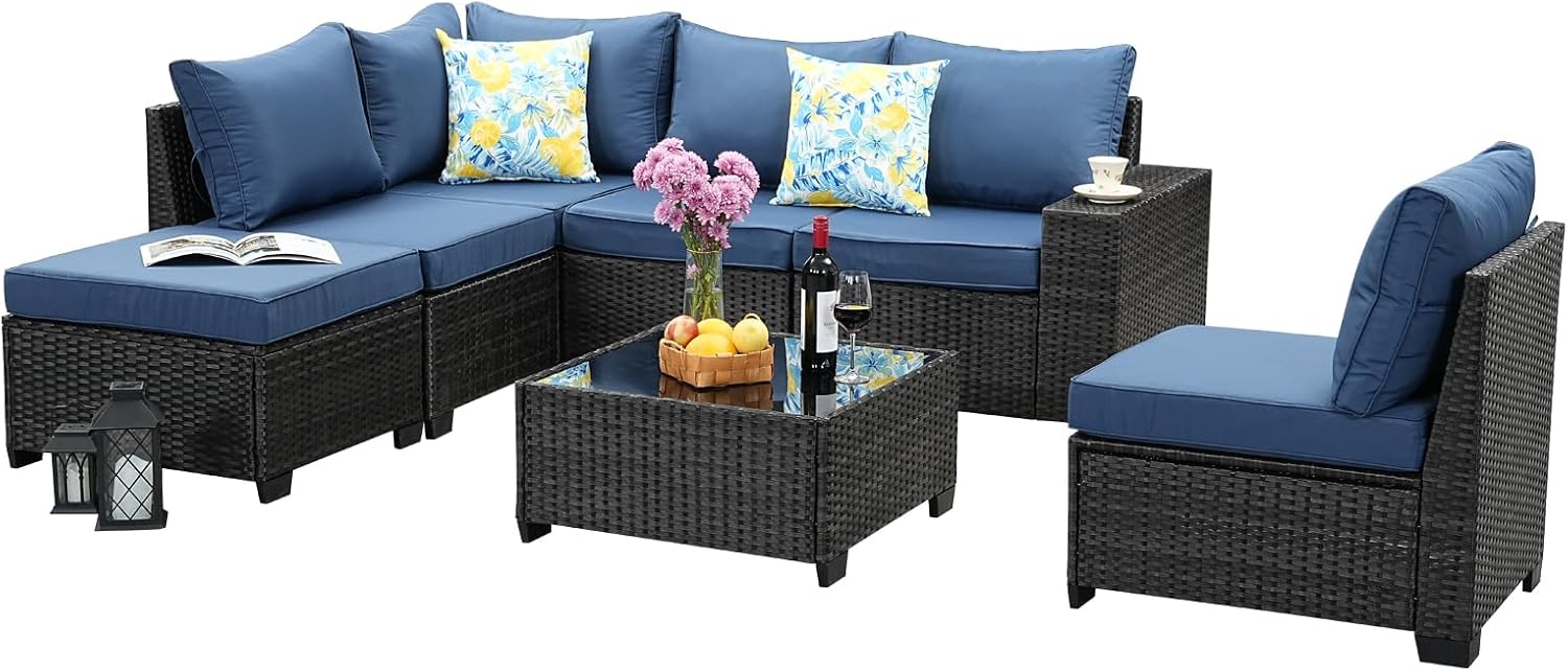 Jing's Villa 7-Piece Patio Furniture Set, All-Weather Outdoor Wicker Sectional Sofa with Cushions, Tempered Glass Table & Ottoman, Rattan Conversation Seating for Porch, Garden, Backyard,Navy