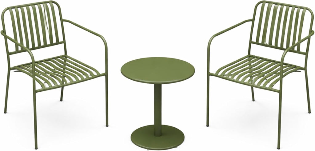 Alpine Corporation VTFAM152A Metal Outdoor Bistro Set, 3-Piece Patio Conversation Set with Round Side Table & 2 Chairs, Weather-Resistant Steel Frame, Compact Balcony Furniture, Green