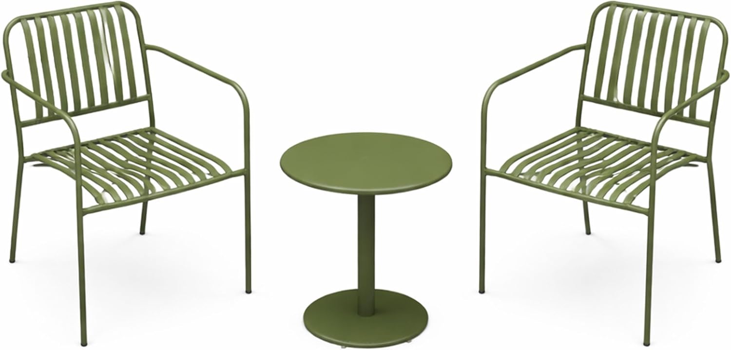 Alpine Corporation VTFAM152A Metal Outdoor Bistro Set, 3-Piece Patio Conversation Set with Round Side Table & 2 Chairs, Weather-Resistant Steel Frame, Compact Balcony Furniture, Green