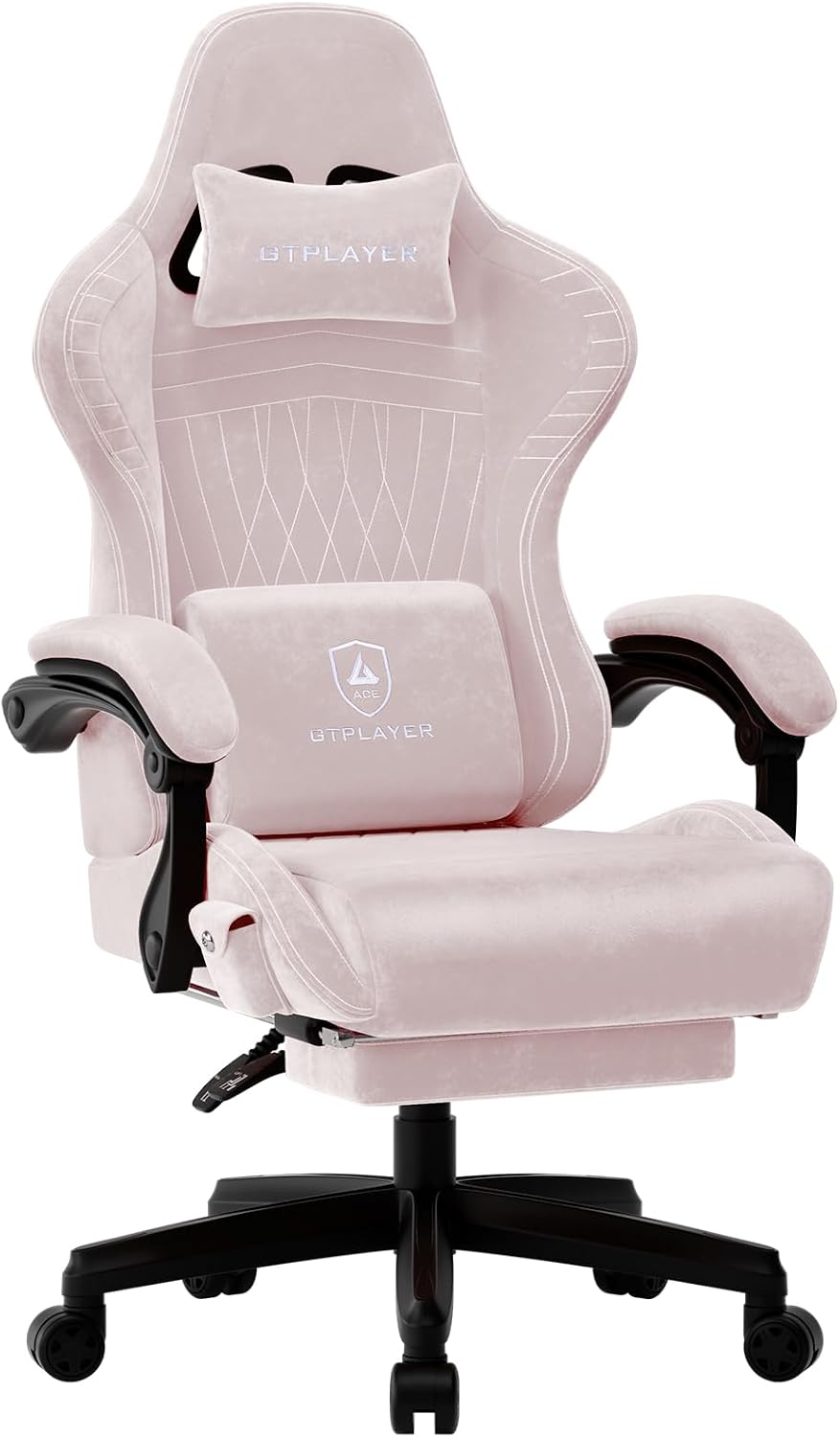 GTPLAYER Gaming Chair for Adults, Ergonomic Video Game Chairs, Footrest & Linkage Armrest, Reclining High Back Silla Gamer with Speakers for Home Office, Ace Pro, Pink(Velvet)