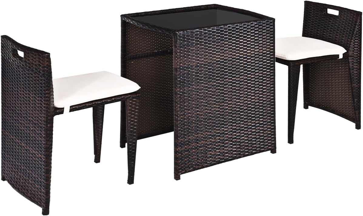 HAPPYGRILL 3 Pieces Wicker Patio Bistro Set, Outdoor Rattan Dining Set, Patio Furniture Set with Cushions for Yard Deck Garden Poolside