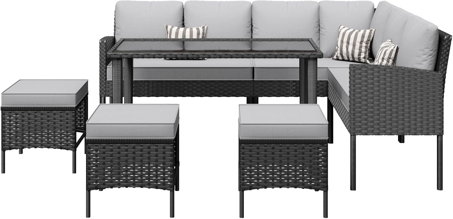 7-Piece Patio Furniture Set with Cushions and Pillows, Outdoor Wicker Sectional Sofa with Long Glass Coffee Table, All-Weather Conversation Set for Garden, Porch, Lawn, Gray