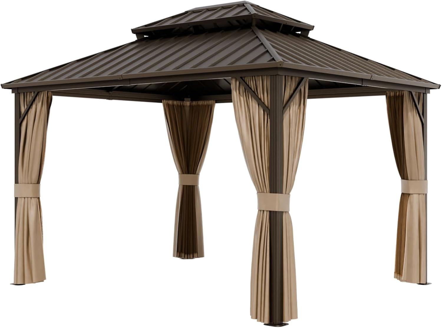 10x12 Hardtop Gazebo with Netting and Curtains, Galvanized Steel Double Roof Outdoor Pavilion with Aluminum Frame, Patio Gazebo for Deck, Garden, Lawn, Dark Brown/Tan