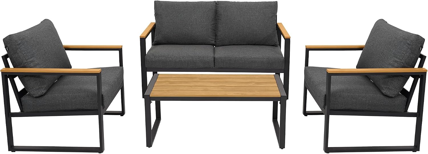 Patio Furniture Set, 4 Pieces Outdoor Patio Furniture with Coffee Table Set, Metal Patio Conversation Sets with Washable and High-Resiliency Sponge Cushions,Upgarded Grey