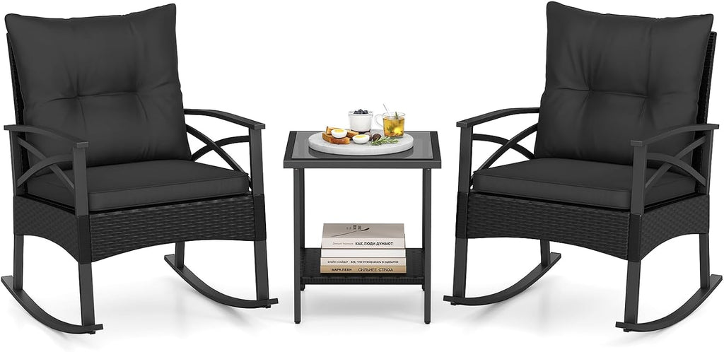 Tangkula 3 Pieces Outdoor Rocking Chairs Set, Rattan Heavy Duty Cushioned Rocker Chairs with 2-Tier Tempered Glass Coffee Table, for Garden, Balcony, Backyard (Black+Gray)
