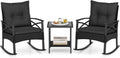 Tangkula 3 Pieces Outdoor Rocking Chairs Set, Rattan Heavy Duty Cushioned Rocker Chairs with 2-Tier Tempered Glass Coffee Table, for Garden, Balcony, Backyard (Black+Gray)