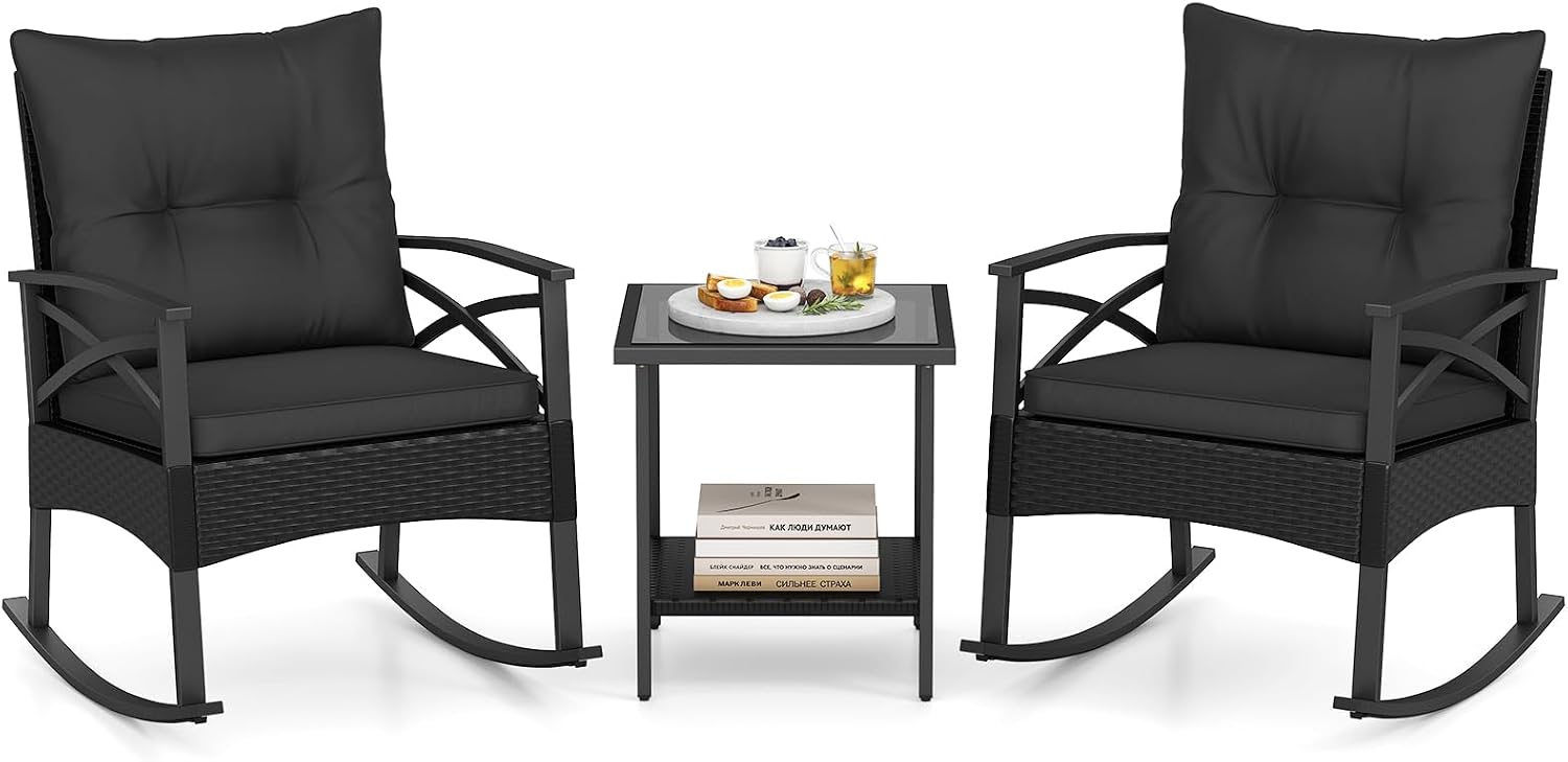 Tangkula 3 Pieces Outdoor Rocking Chairs Set, Rattan Heavy Duty Cushioned Rocker Chairs with 2-Tier Tempered Glass Coffee Table, for Garden, Balcony, Backyard (Black+Gray)