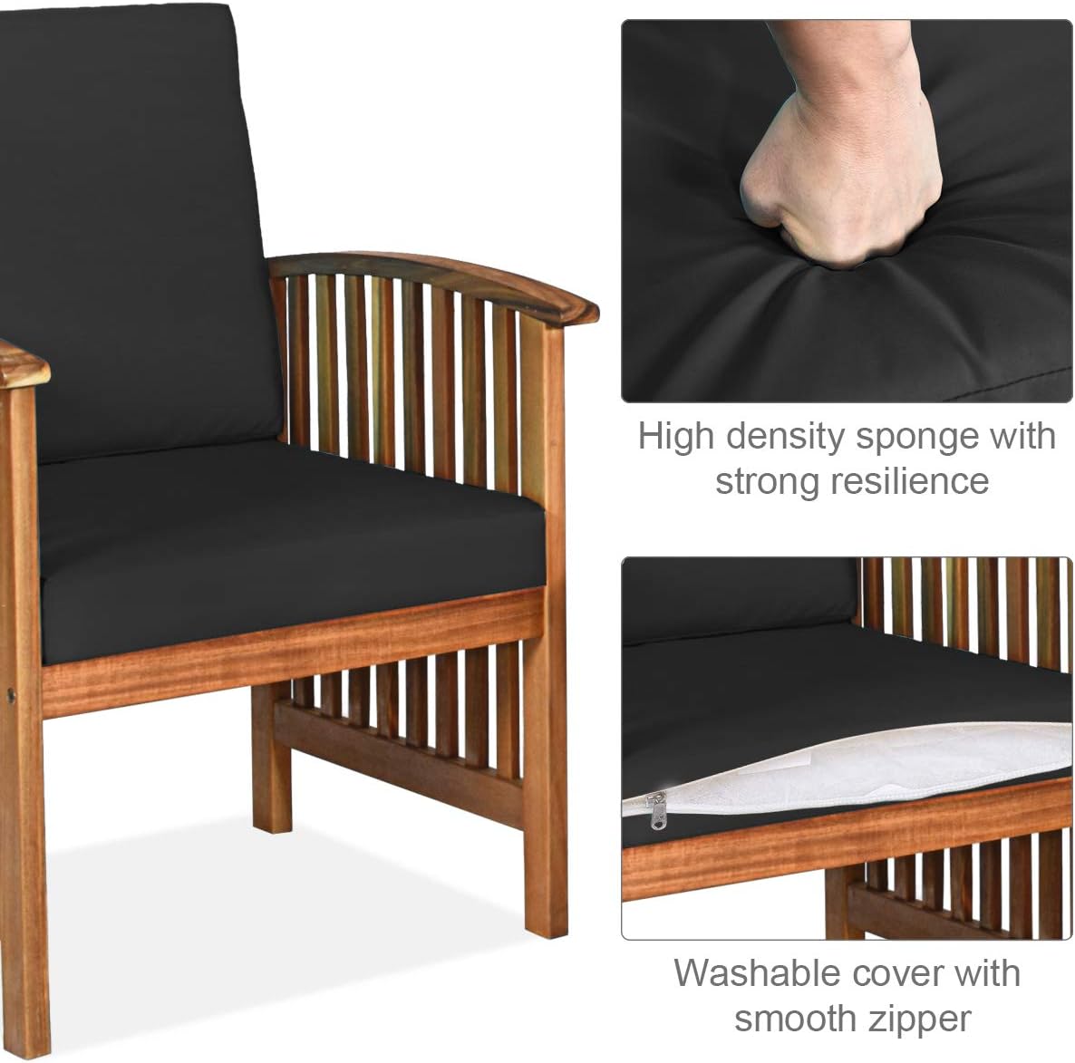 Tangkula Outdoor 4 PCS Acacia Wood Sofa Set w/Water Resistant Cushions, Padded Patio Seating Chat Set w/Coffee Table for Garden, Backyard, Poolside (1, Black)
