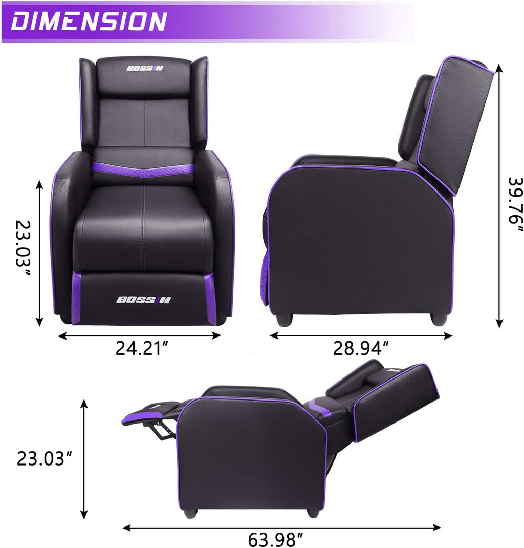 BOSSIN Gaming Recliner Chair for Adults 400lbs Racing Style Sofa Big and Tall PU Leather Recliner Seating, Modern Ergonomic Lounge Comfortable Home Movie Theater for Living Room(Purple)