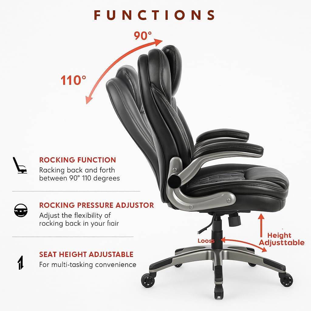 COLAMY High Back Executive Office Chairs,Ergonomic PU Leather Desk Chairs with Flip-Up Armrests, Adjustable Height, Lumbar Support,Comfortable Computer Chairs for Home Office,Set of 2