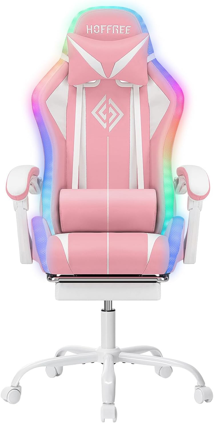RGB Gaming Chair with Massage and LED Lights Ergonomic Computer Chair with Footrest High Back Reclining Video Game Chair with Adjustable Lumbar Support Light Pink and White