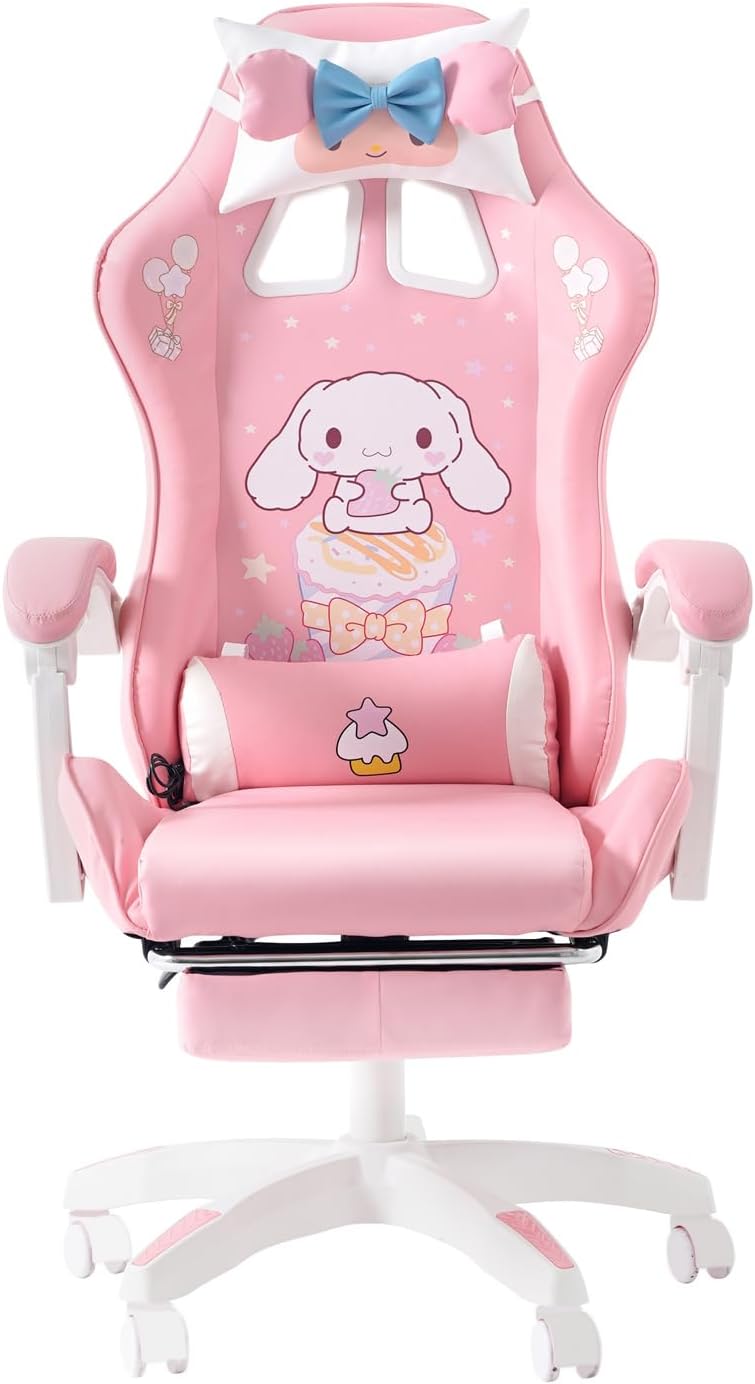 Gaming Chair Adults Gaming Chair Girls Cute Computer Leather Armchair Office Home Swivel Lifting Adjustable Chair with Footrest Pink