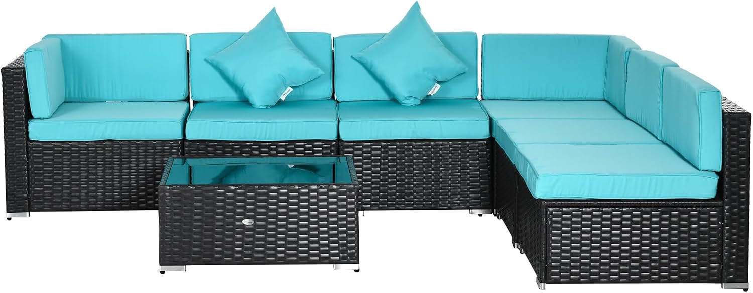 Outsunny 7-Piece Patio Furniture Sets Outdoor Wicker Conversation Sets All Weather PE Rattan Sectional Sofa Set with Cushions & Tempered Glass Desktop, Turquoise