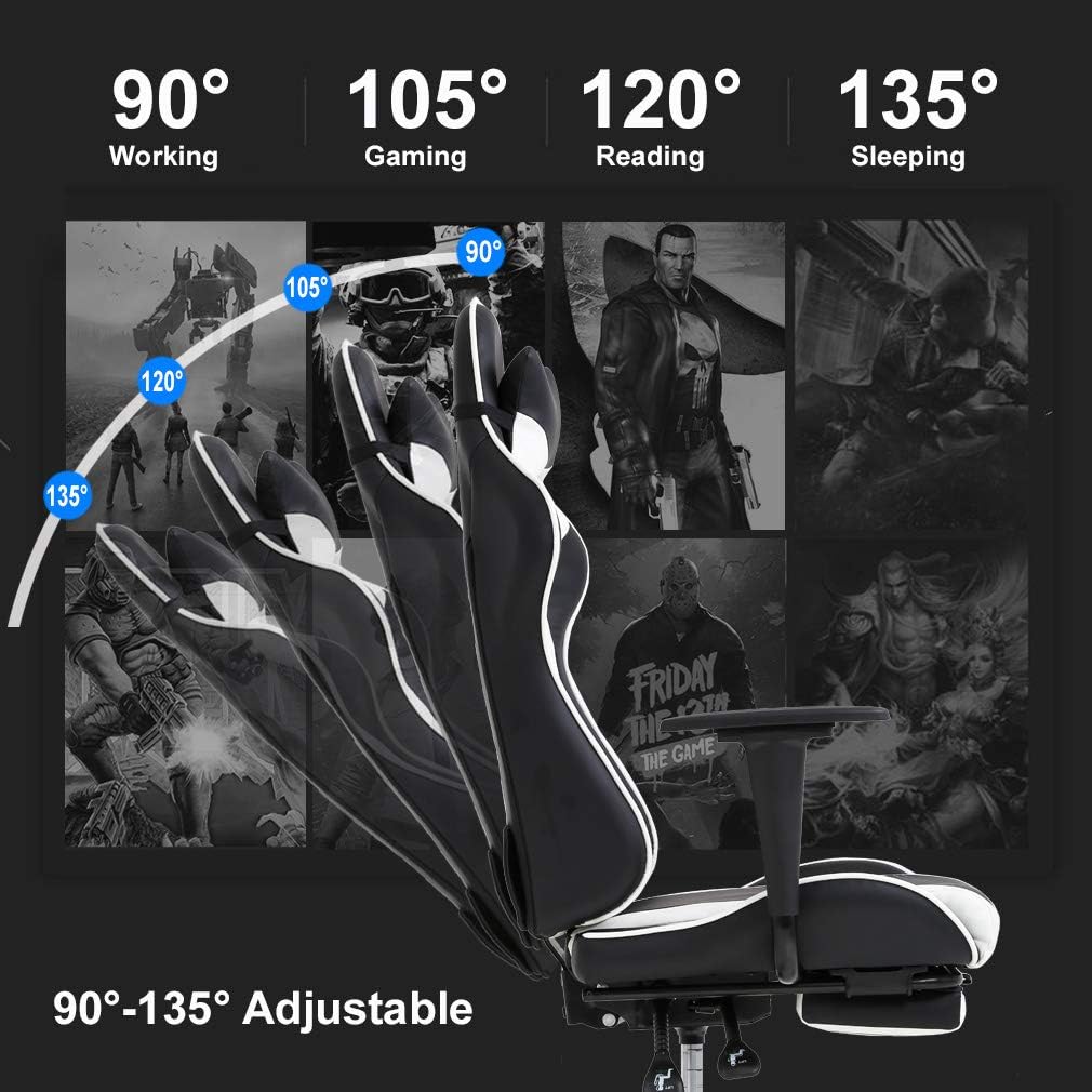 BestOffice PC Gaming Chair Racing Office Chair Ergonomic Desk Chair Massage PU Leather Recliner Computer Chair with Lumbar Support Headrest Armrest Footrest Rolling Swivel Task Chair for Adults, White