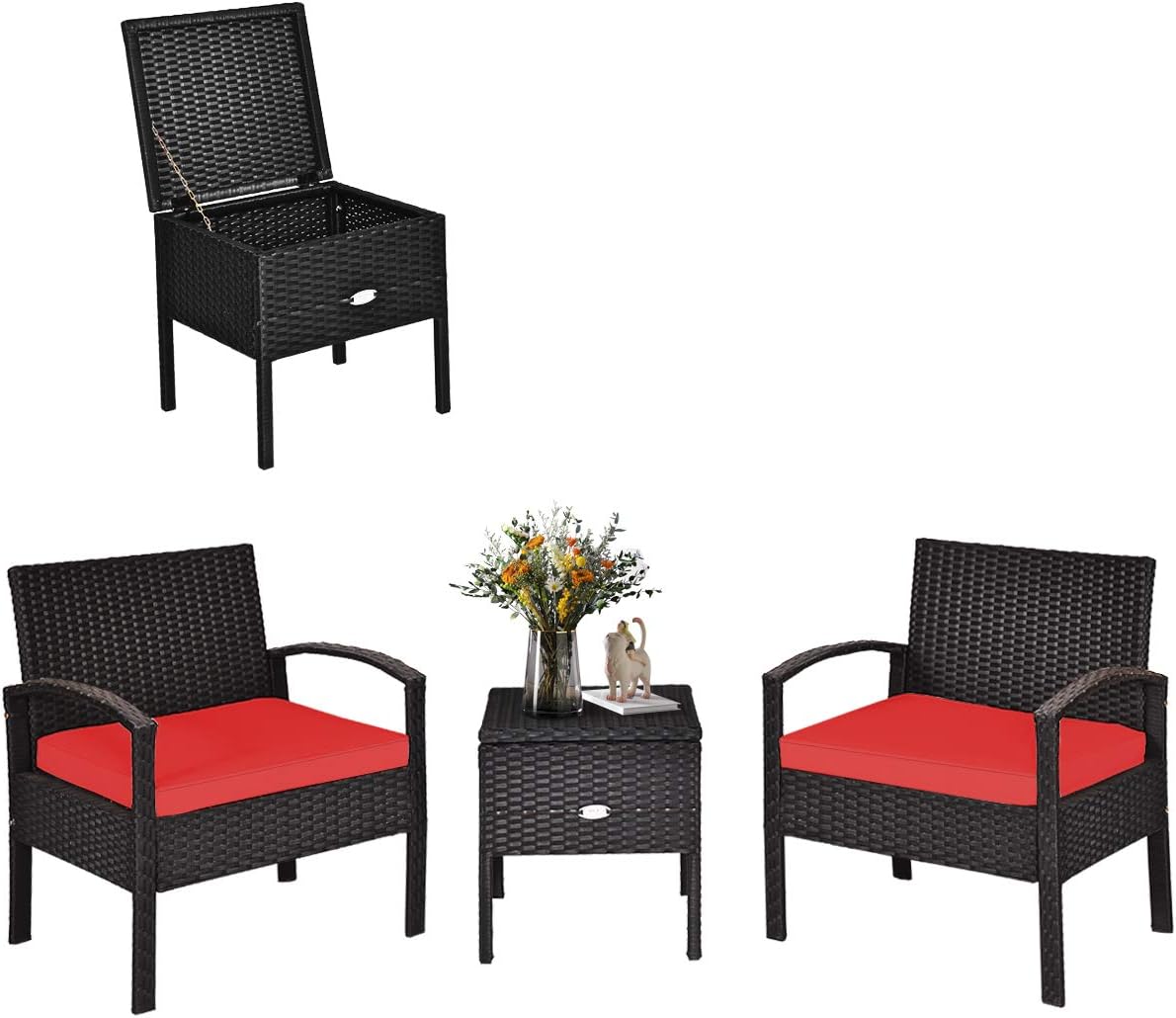 Tangkula 3 Pieces Patio Wicker Conversation Set, Outdoor Rattan Furniture with Washable Thick Cushion & Coffee Table w/Storage Space, Patio Furniture Set for Backyard Porch Garden Poolside (Red)