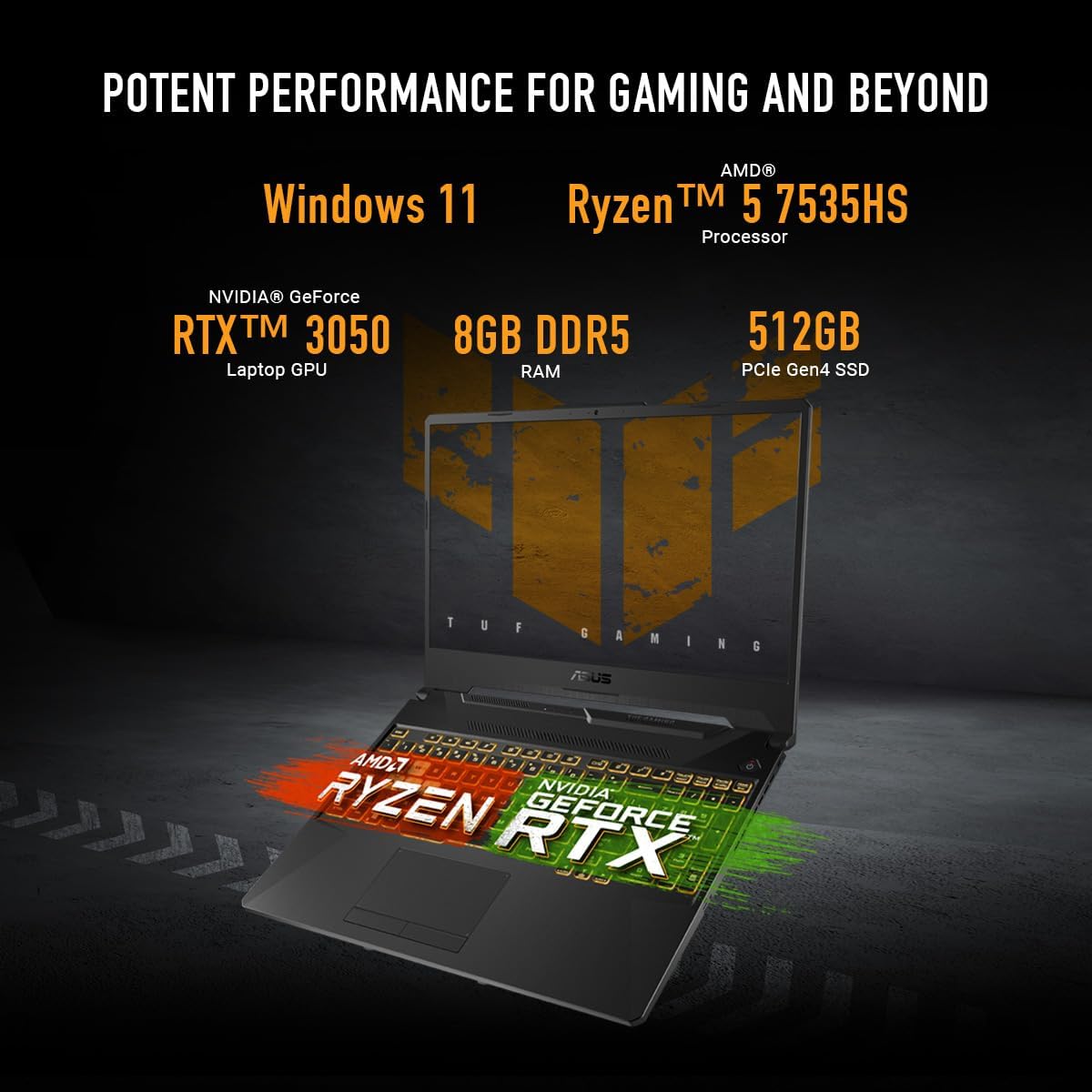 ASUS TUF Gaming A15 Gaming Laptop, 15.6' FHD 144Hz Display, NVIDIA® GeForce RTX™ 3050, AMD Ryzen™ 5 7535HS, 8GB DDR5, 512GB PCIe® Gen4 NVMe™ SSD, Wi-Fi 6, Windows 11, FA506NC-ES51