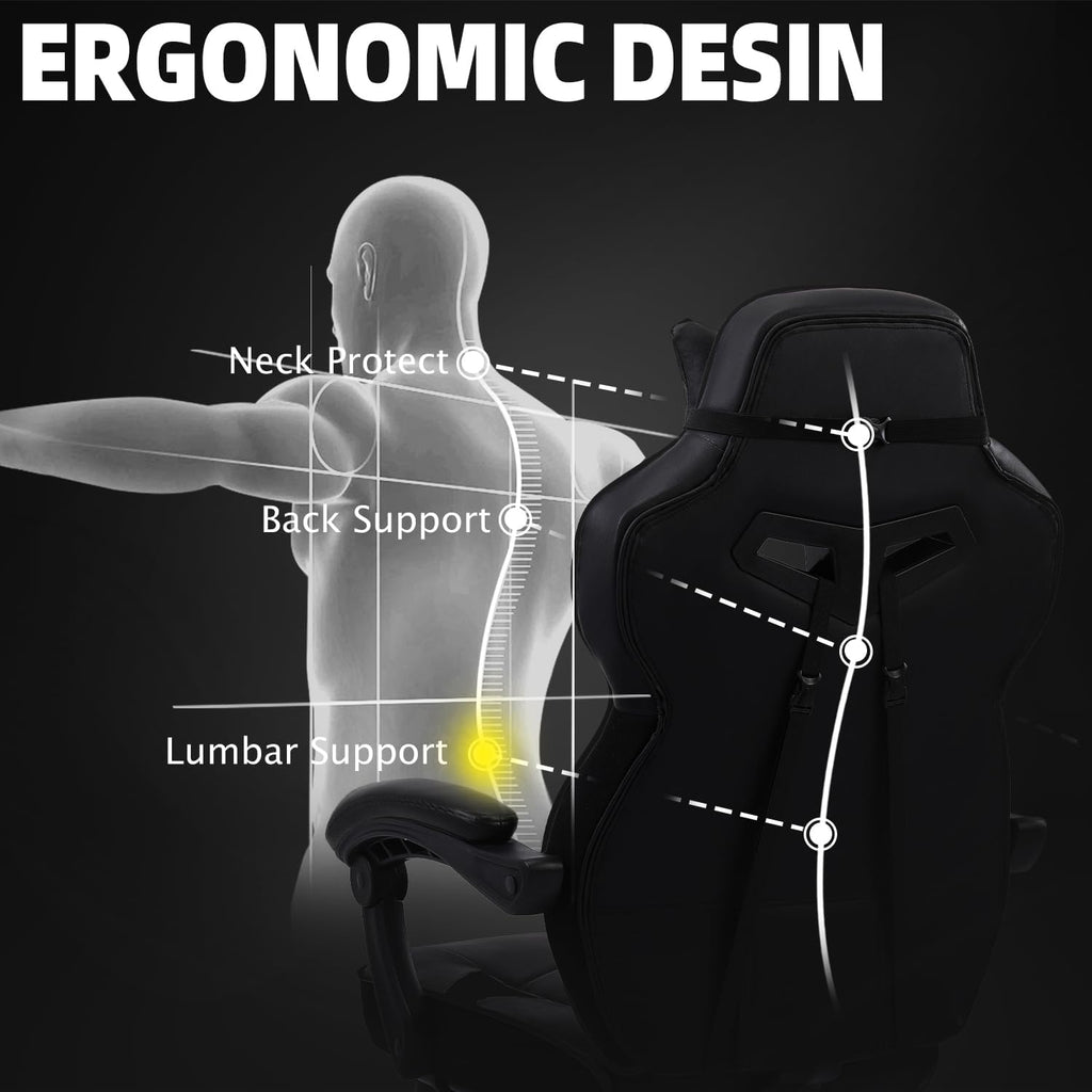 Vonesse Gaming Chair, High Back Office Chair with Footrest and Massage, Gaming Chairs for Adults with Pocket Spring Cushion, Big and Tall Reclining Computer Chair with Lumbar Support (Classic Black)