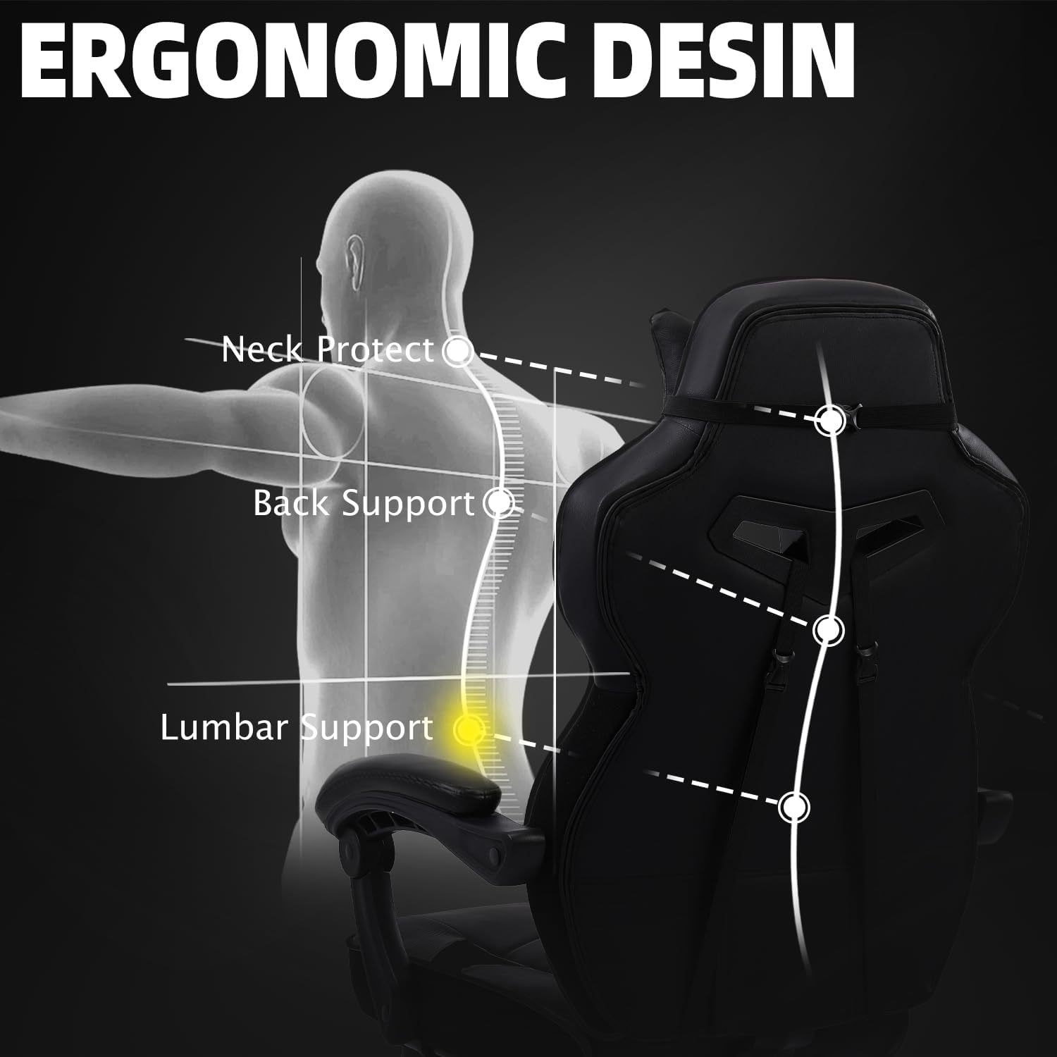 Vonesse Gaming Chair, High Back Office Chair with Footrest and Massage, Gaming Chairs for Adults with Pocket Spring Cushion, Big and Tall Reclining Computer Chair with Lumbar Support (Classic Black)