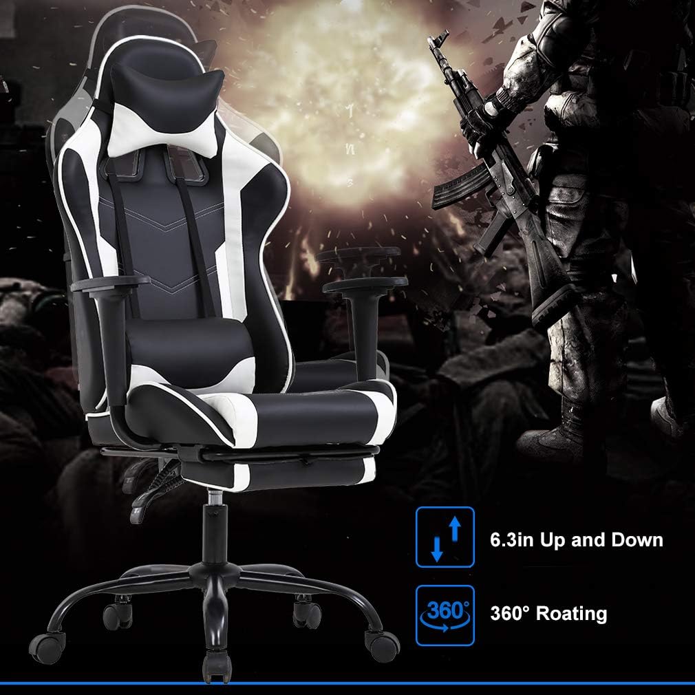 BestOffice PC Gaming Chair Racing Office Chair Ergonomic Desk Chair Massage PU Leather Recliner Computer Chair with Lumbar Support Headrest Armrest Footrest Rolling Swivel Task Chair for Adults, White