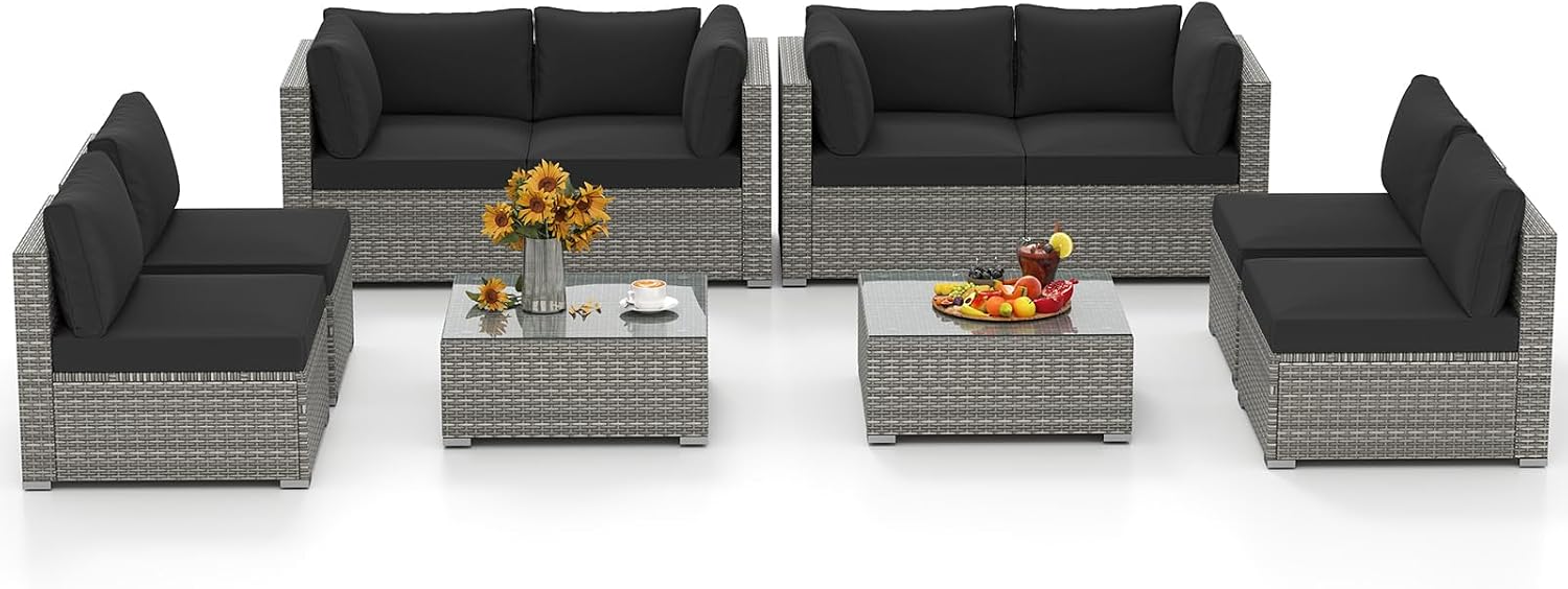 Tangkula 10-Piece Outdoor Patio Sectional Sofa Couch, PE Rattan Conversation Set w/Glass Coffee Table & Cushions, Outdoor Furniture Set w/Sturdy Metal Frame for Garden Poolside Backyard