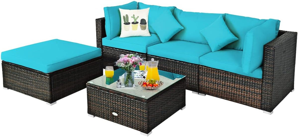 COSTWAY 5-Piece Outdoor Patio Furniture Set, Glass Top Coffee Table and Lounge Sofa with Cushions, PE Rattan Conversation Set for Garden, Deck, Backyard (Turquoise)