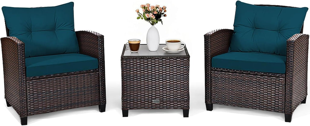 COSTWAY 3PCS Patio Furniture Set, PE Rattan Wicker Sofa w/Washable Cushion and Coffee Table, Tempered Glass Tabletop, Outdoor Conversation Set for Balcony, Porch, Yard, Backyard, Lawn (Blue)