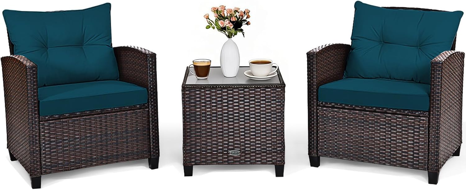COSTWAY 3PCS Patio Furniture Set, PE Rattan Wicker Sofa w/Washable Cushion and Coffee Table, Tempered Glass Tabletop, Outdoor Conversation Set for Balcony, Porch, Yard, Backyard, Lawn (Blue)