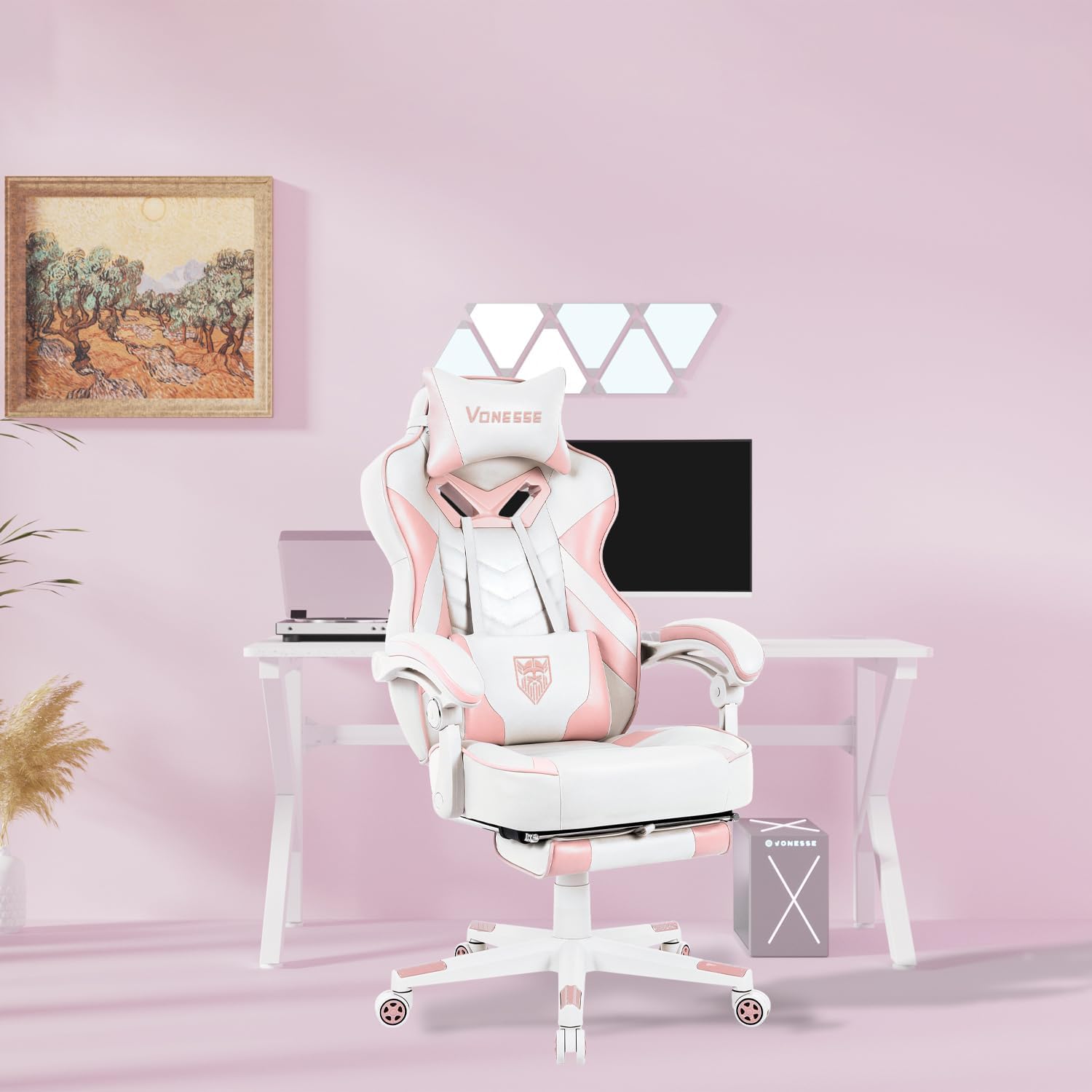 Vonesse Pink Gaming Chair, Big and Tall Gaming Chair with Footrest and Massage, Gaming Chairs for Adults with Lumbar Support, Ergonomic High Back Computer Chair with Pocket Spring Cushion (White/Pink)