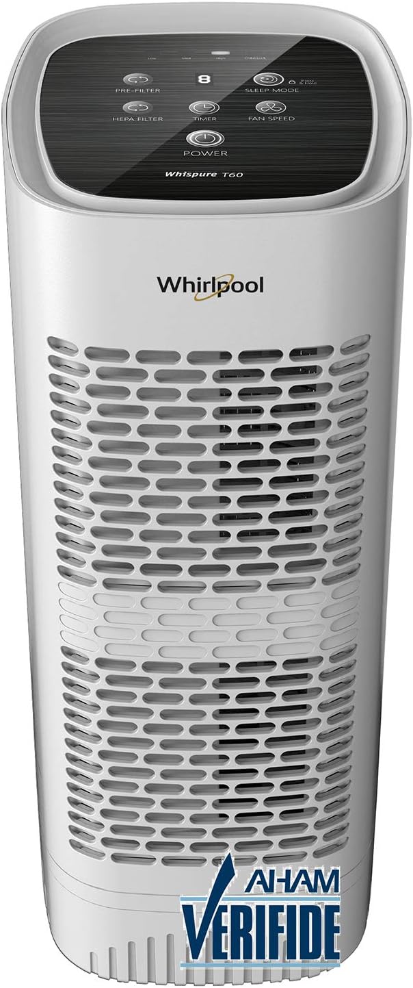 Whirlpool, WPT60P Whispure True Hepa Air Purifier, Activated Carbon Advanced Anti-Bacteria, Ideal for Allergies, Odors, Pet Dander, Mold, Smoke, Wildfire, and Germs, Medium, White