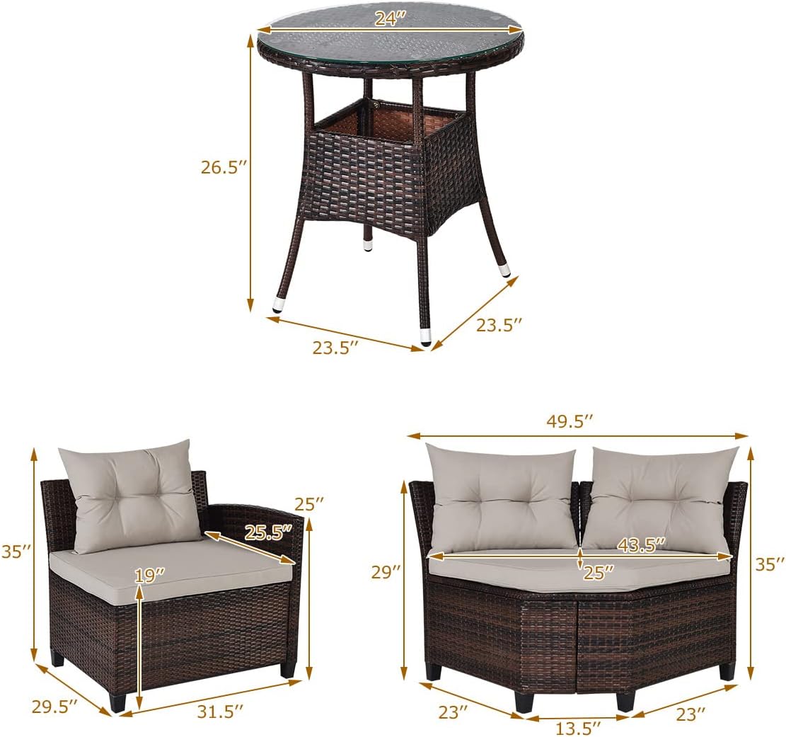 Tangkula 4-Piece C Shape Patio Furniture Set, Outdoor Corner Wicker Rattan Sectional Cushioned Sofa Set, with Glass Coffee Table, for Garden Poolside Balcony (Beige)