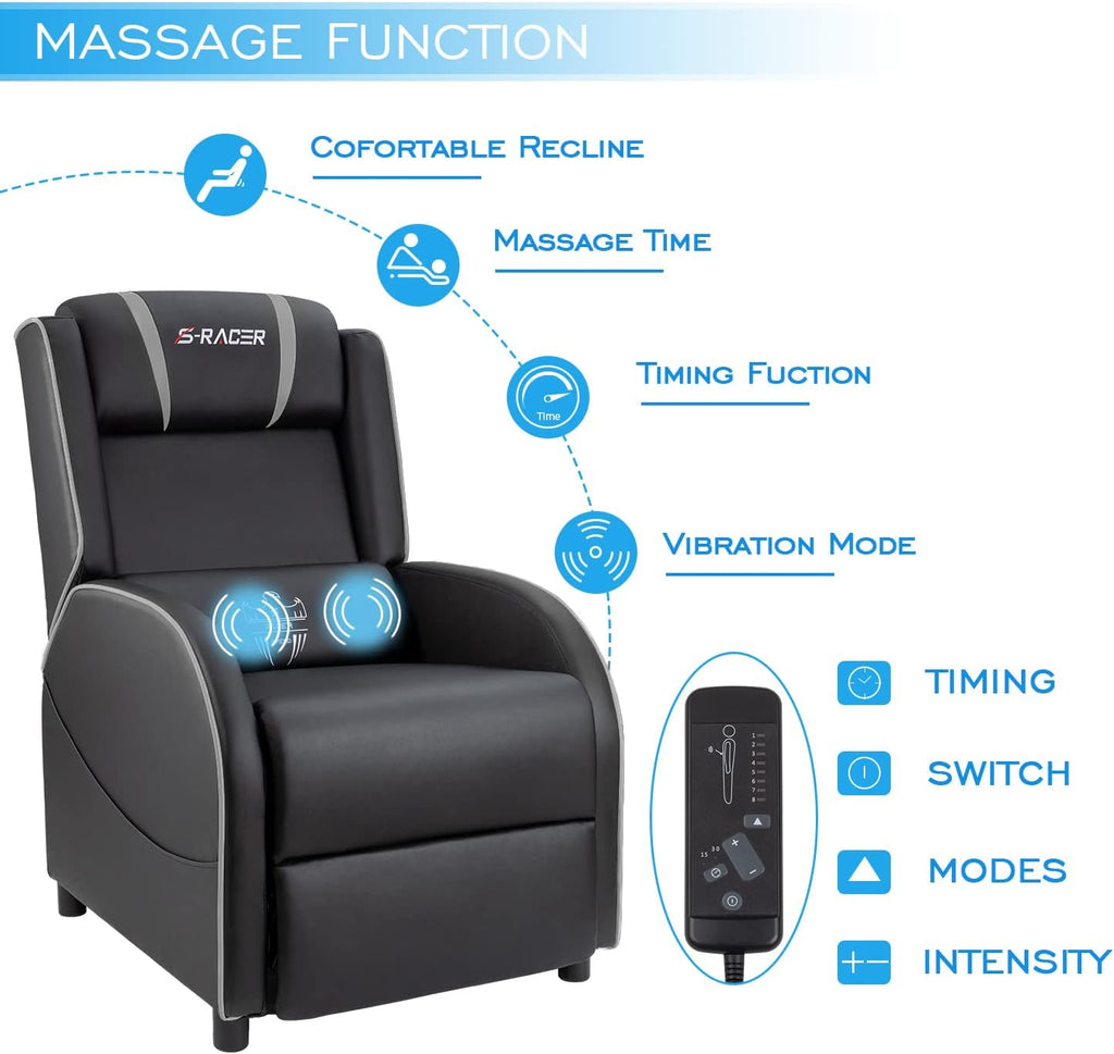 Homall Massage Gaming Recliner Chair, Racing Style Gaming Sofa, PU Leather Home Theater Seat, Living Room Ergonomic Comfortable Gamer Lounge(Grey)