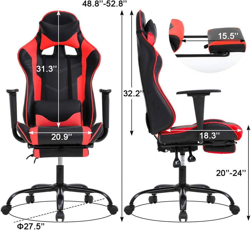 BestOffice Women's Red Gaming Chair, Sturdy Faux Leather, 360-Degree Rotating, Lumbar Support, Massage Vibration, Easy Assembly, 21.7'W x 20.9'D x 45'H