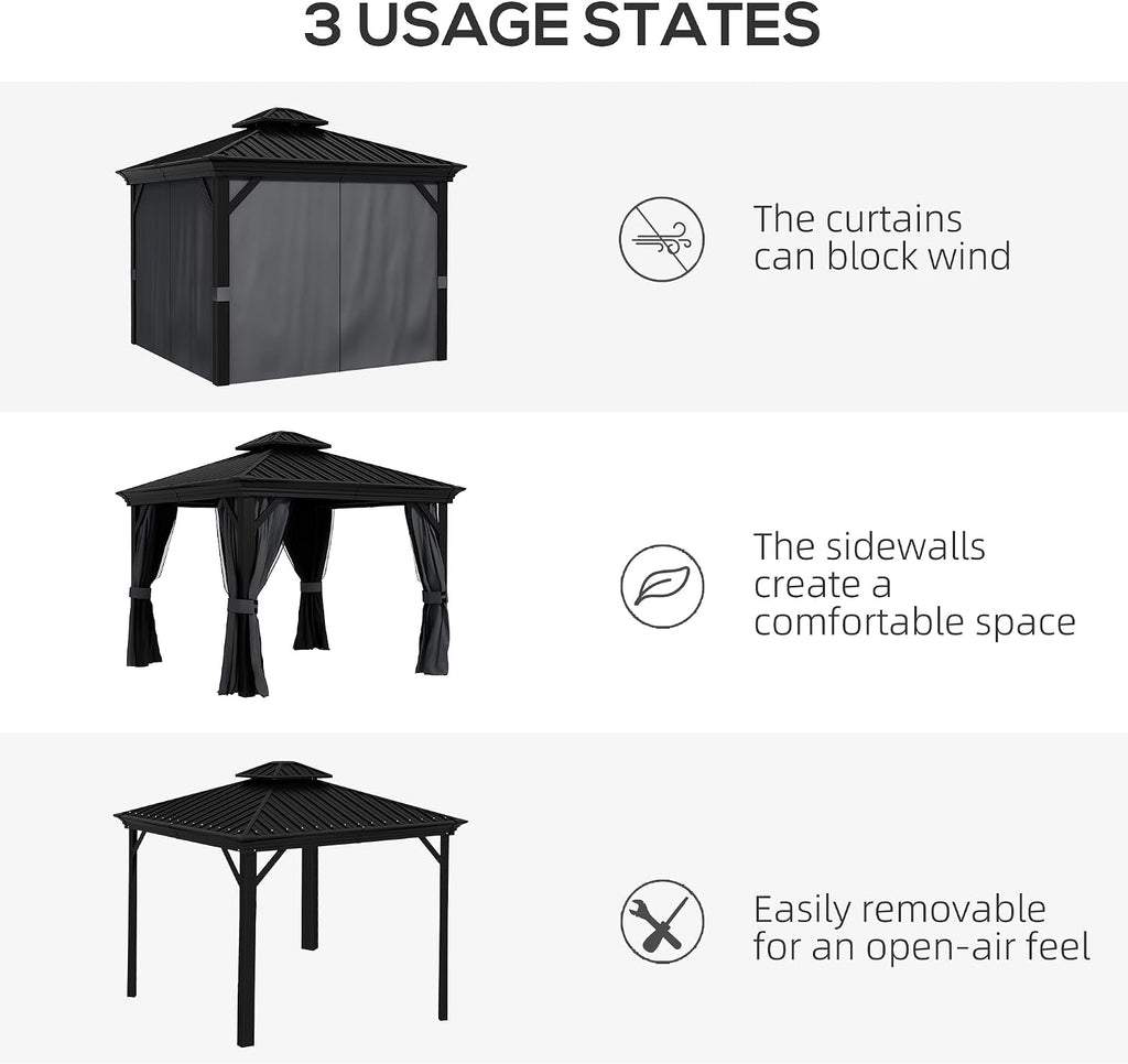 Outsunny 10' x 12' Hardtop Gazebo with Curtains and Netting, Permanent Pavilion Metal Double Roof Gazebo Canopy with Aluminum Frame and Hooks, for Garden, Patio, Backyard, Dark Gray