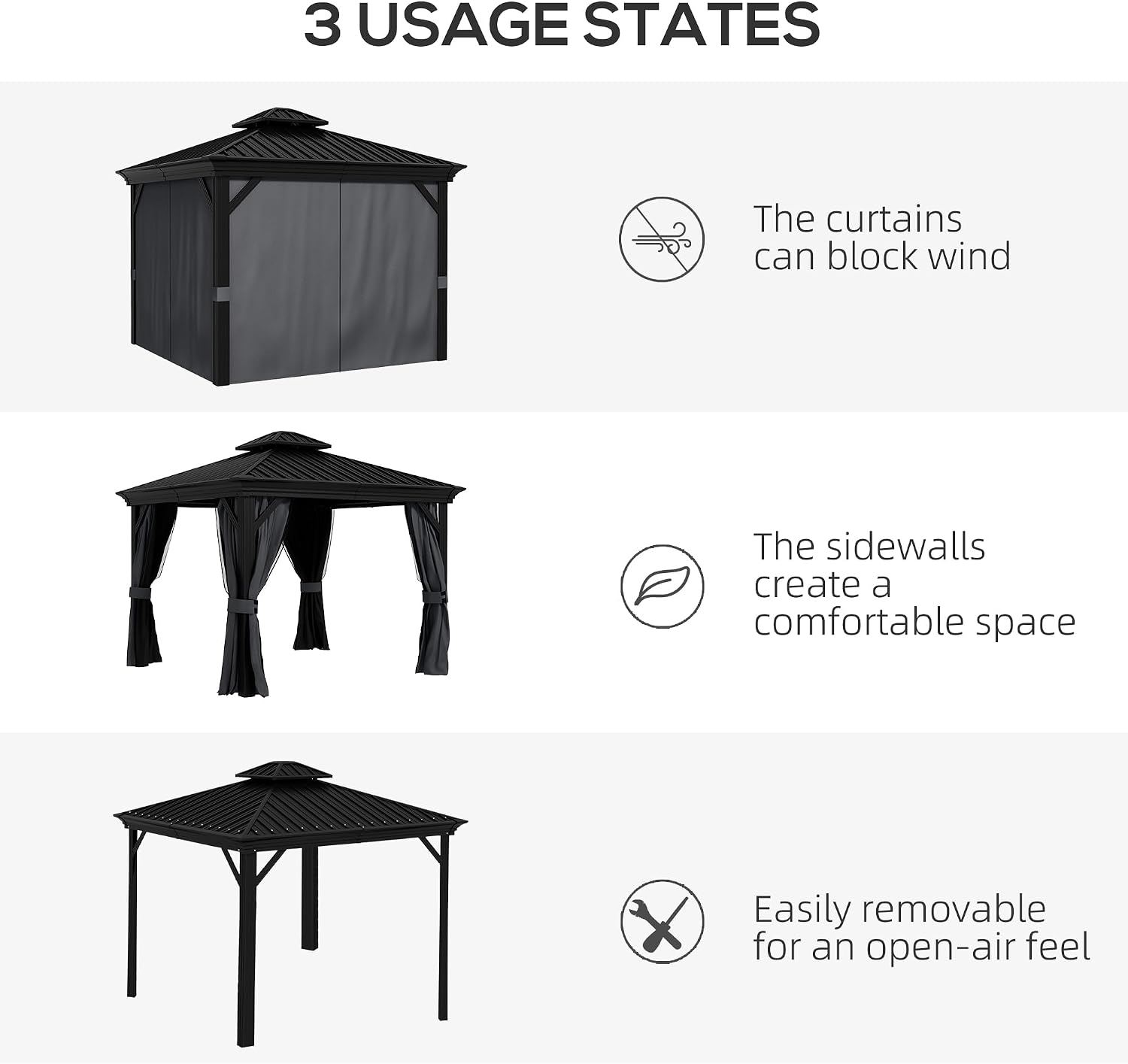 Outsunny 10' x 12' Hardtop Gazebo with Curtains and Netting, Permanent Pavilion Metal Double Roof Gazebo Canopy with Aluminum Frame and Hooks, for Garden, Patio, Backyard, Dark Gray