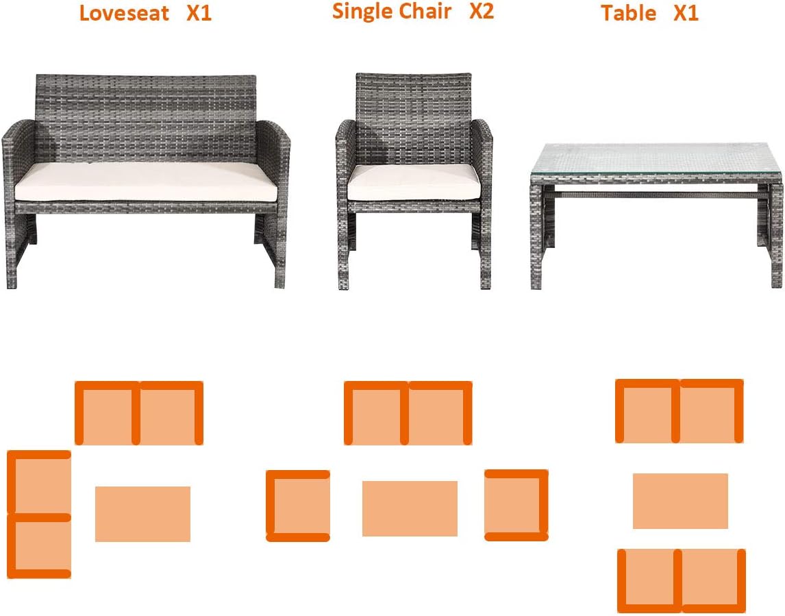 Goplus Rattan Patio Furniture Set 4 Pieces, Outdoor Wicker Conversation Sofa and Table Set with Soft Cushions & Tempered Glass Coffee Table for Balcony Garden Backyard (Beige(Mixed Color Wicker))
