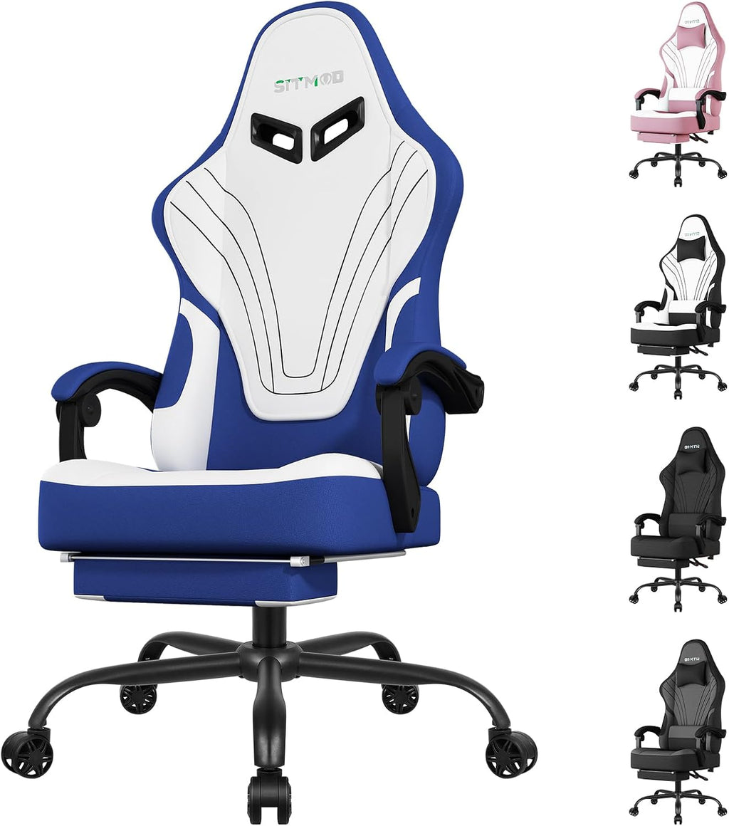 Gaming Chair, Ergonomic Computer Chair with Footrest, Big Tall PC Gamer Chair with Headrest and Massage Lumbar Support, 360° Swivel Height Adjustable Fabric Video Office Chairs for Adults (Blue)