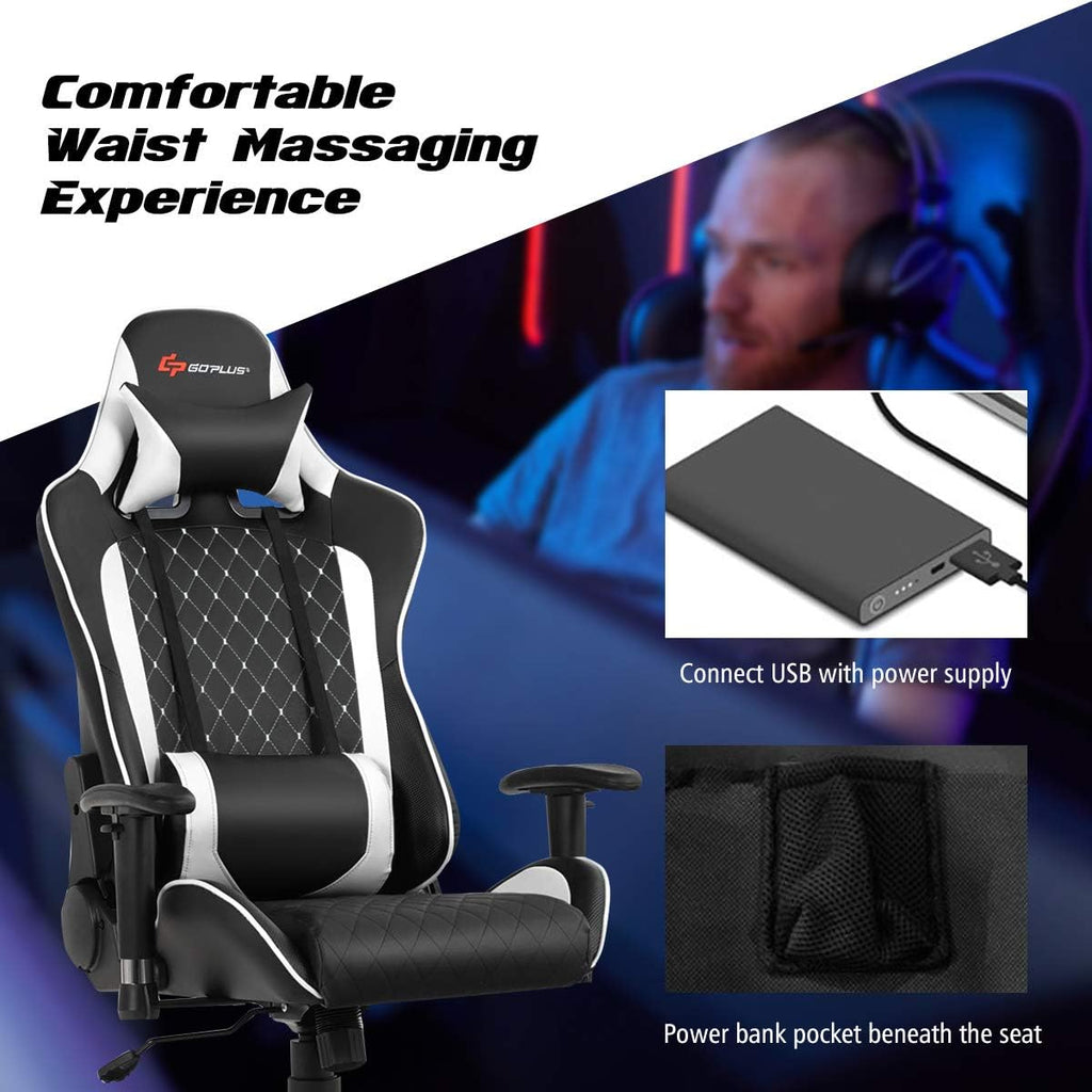 Goplus Massage Gaming Chair, Reclining Backrest Handrails and Seat Height Adjustment Racing Computer Office Chair, Ergonomic High Back Embroidered PU Swivel Game Chair with Headrest and Lumbar Cushion