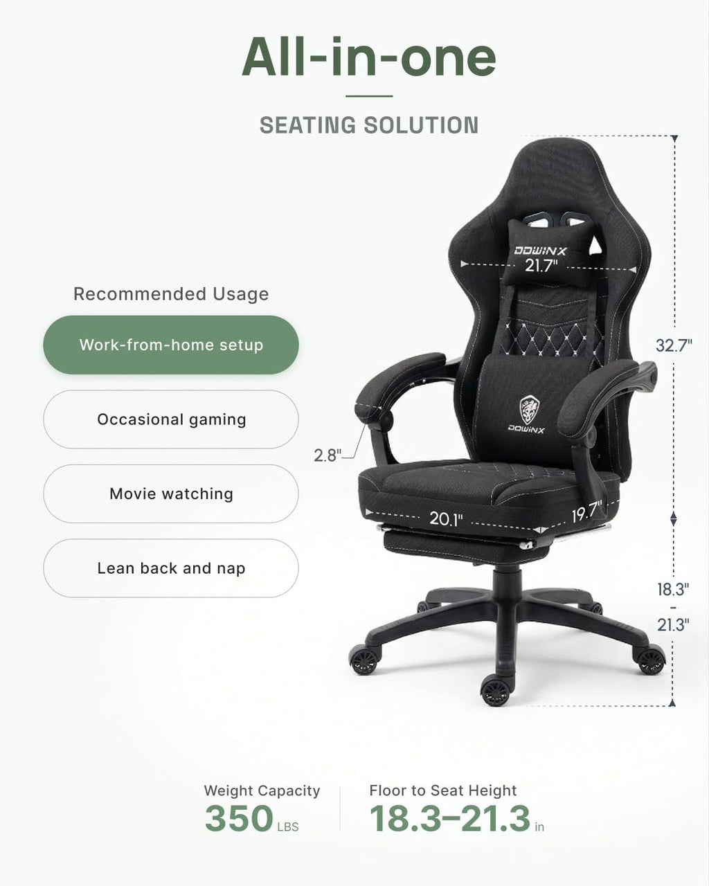 Dowinx Gaming Chair Breathable Fabric Game Chair with Gel Pad and Storage Bag, Comfortable Gamer Chair with Pocket Spring Cushion, Ergonomic Computer Chair with Footrest, Black